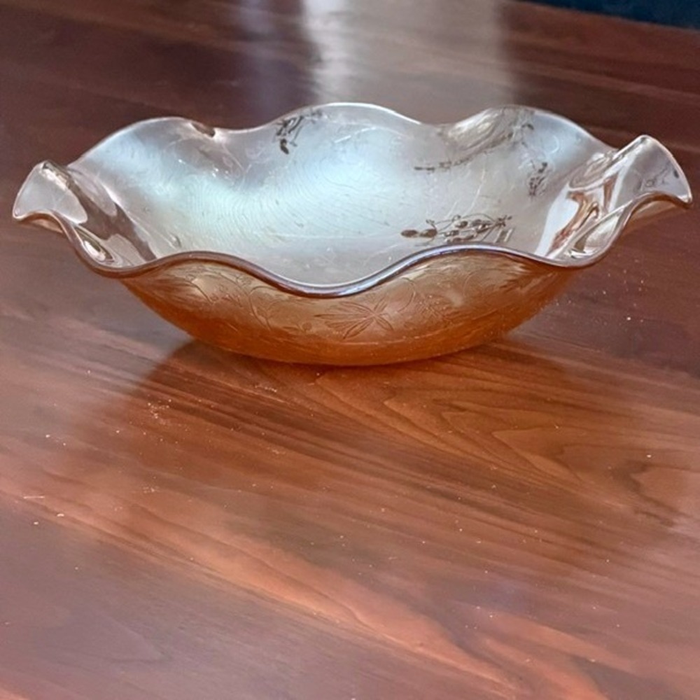 Vintage Marigold Carnival Glass Ruffled Bowl Floral Wheat Iridescent 11 Inch